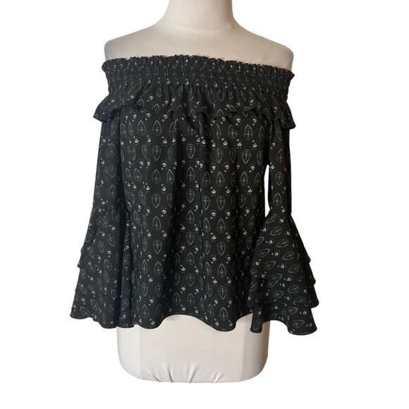 Misa Los Angeles Saskiya Black Multi Off-The-Shoulder Printed Blouse Sz XS - Picture 4 of 9